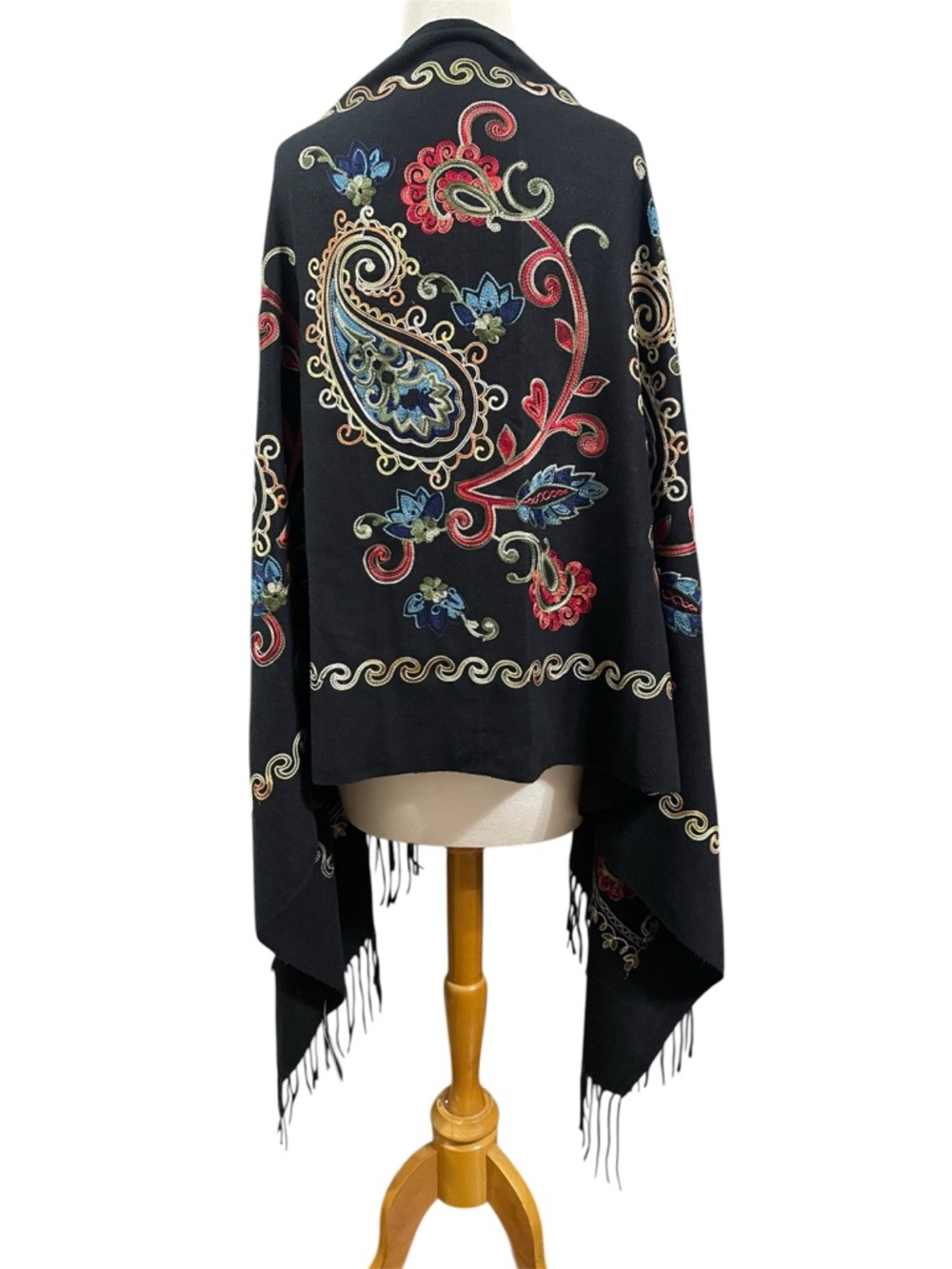 Boho Embroidered Cashmere Wool Black Paisley Fringe Shawl